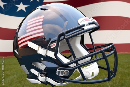 American football helmet with American flag, stadium and grass, digital illustration. Generative AI