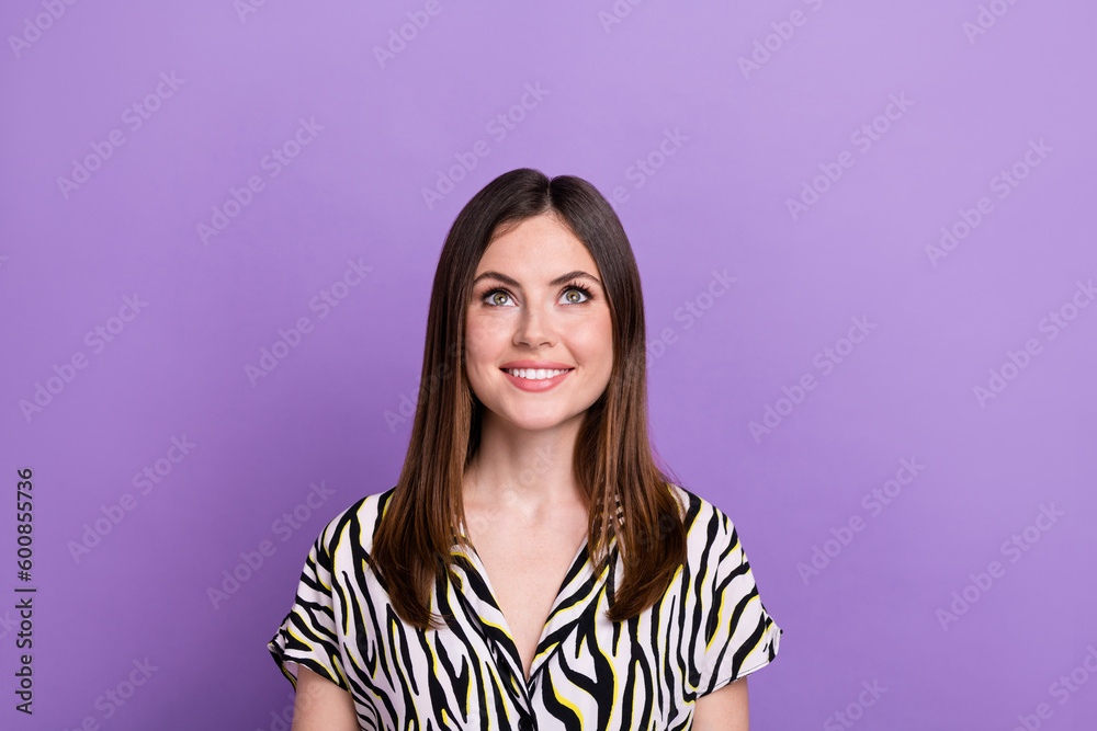 Photo of woman wear zebra shirt print looking interested empty space proposition store vintage clothes isolated on violet color background Photo of woman wear zebra shirt print looking interested empty space proposition store vintage clothes isolated on violet color background