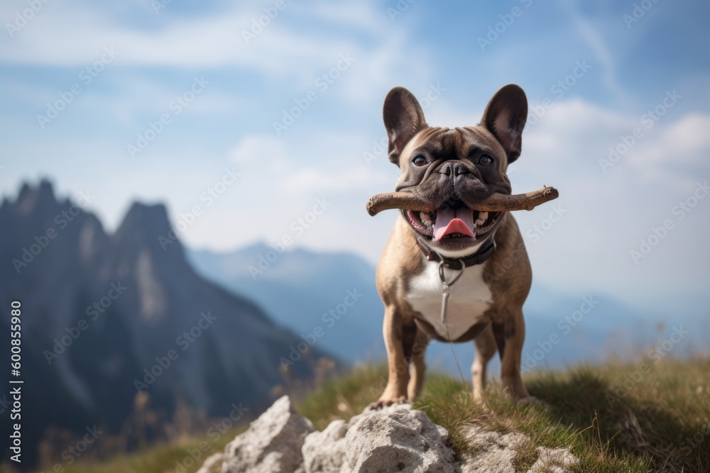 Full-length portrait photography of a happy french bulldog holding a bone in its mouth against mountains and hills background. With generative AI technology