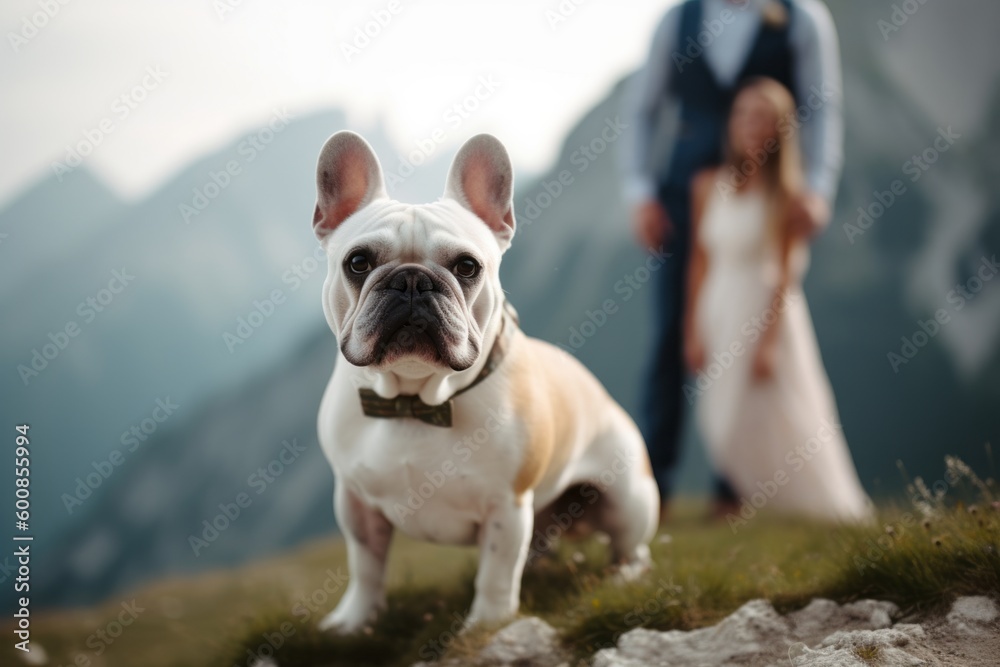 Full-length portrait photography of a curious french bulldog posing with a wedding couple against mountains and hills background. With generative AI technology