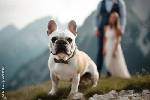 Full-length portrait photography of a curious french bulldog posing with a wedding couple against mountains and hills background. With generative AI technology © Markus Schröder