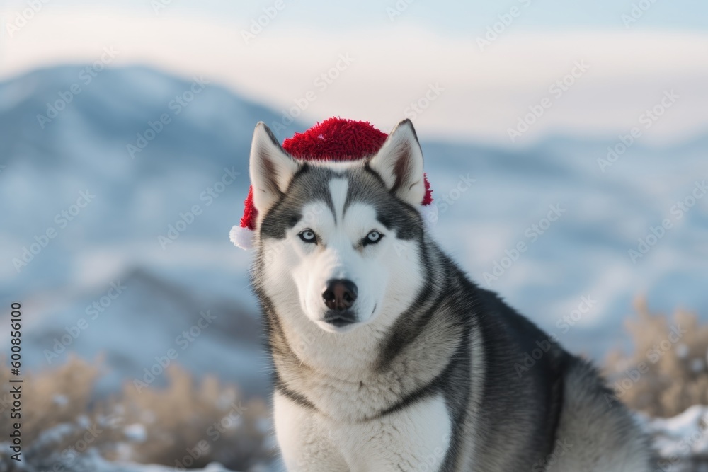 Fototapeta premium Medium shot portrait photography of an aggressive siberian husky wearing a santa hat against mountains and hills background. With generative AI technology