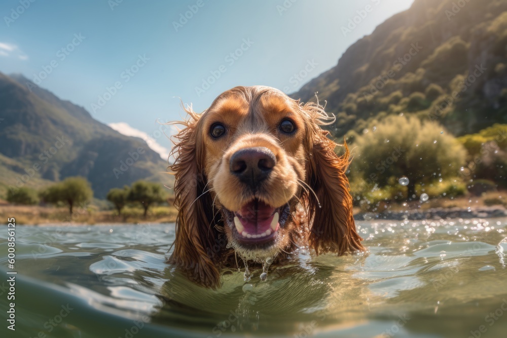 Lifestyle portrait photography of a happy cocker spaniel swimming against mountains and hills background. With generative AI technology