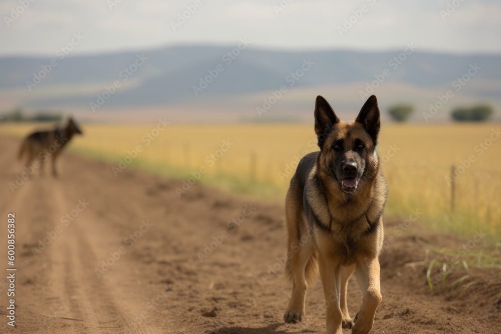 Environmental portrait photography of an aggressive german shepherd walking against farms and ranches background. With generative AI technology