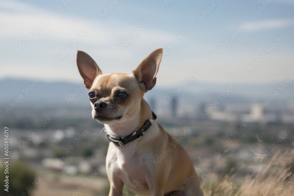 Environmental portrait photography of an aggressive chihuahua being in front of a city skyline against vineyards and wineries background. With generative AI technology