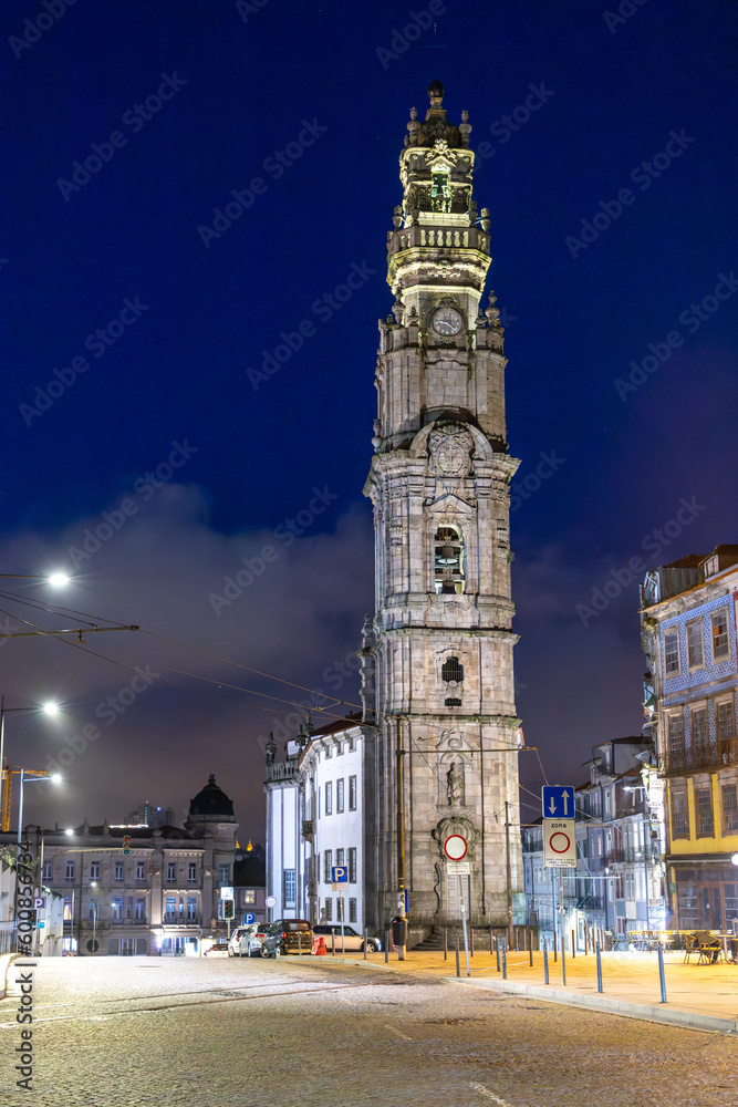 famous  Clérigos church or in english Church of the Clergymen by night in Porto, Portugal