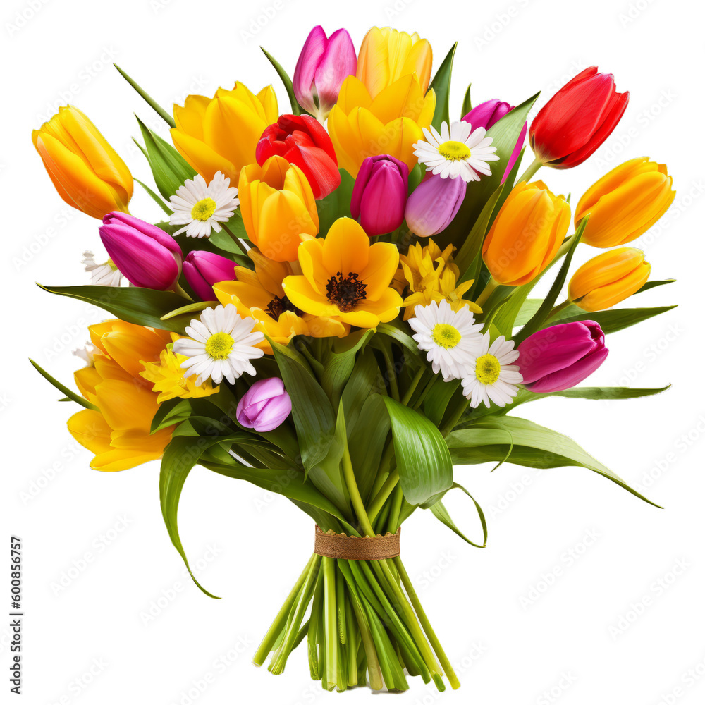 A bright and colorful mix of tulips and daisies
