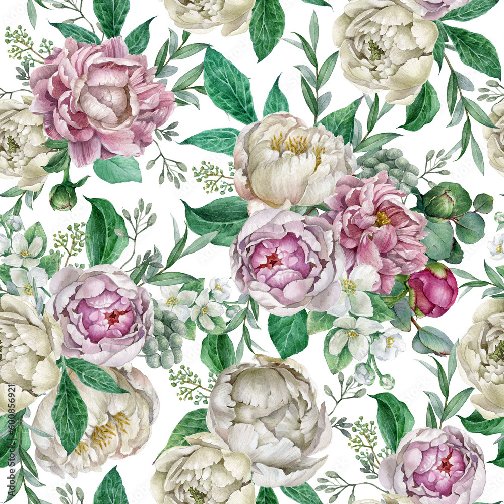 Seamless floral pattern with pink, white peonies and leaves on white background, realistic botanical watercolor illustration. Template design for textiles, interior, clothes, wallpaper. Botanical art