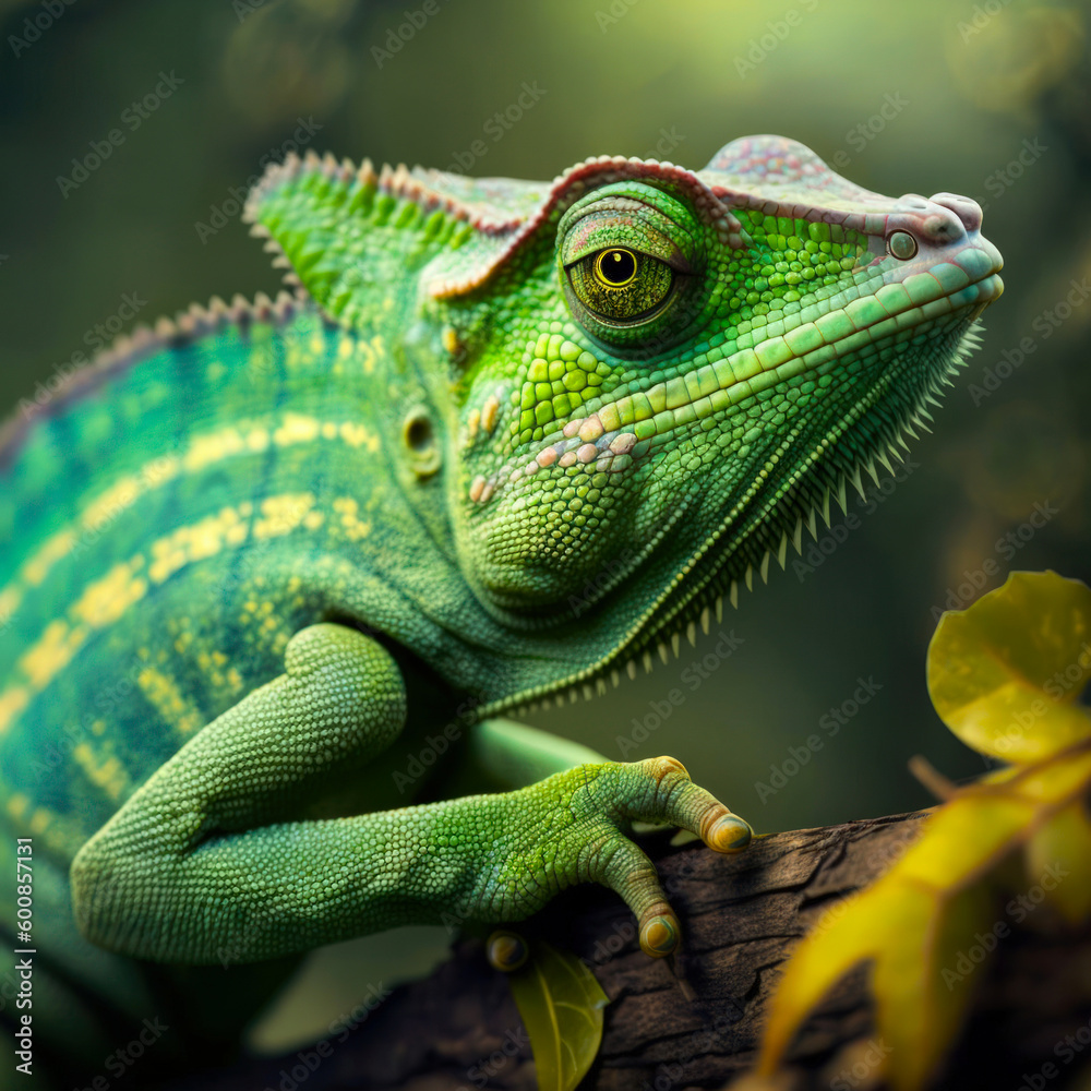 Close up of a chameleon on a branch with green leaves. generated ai