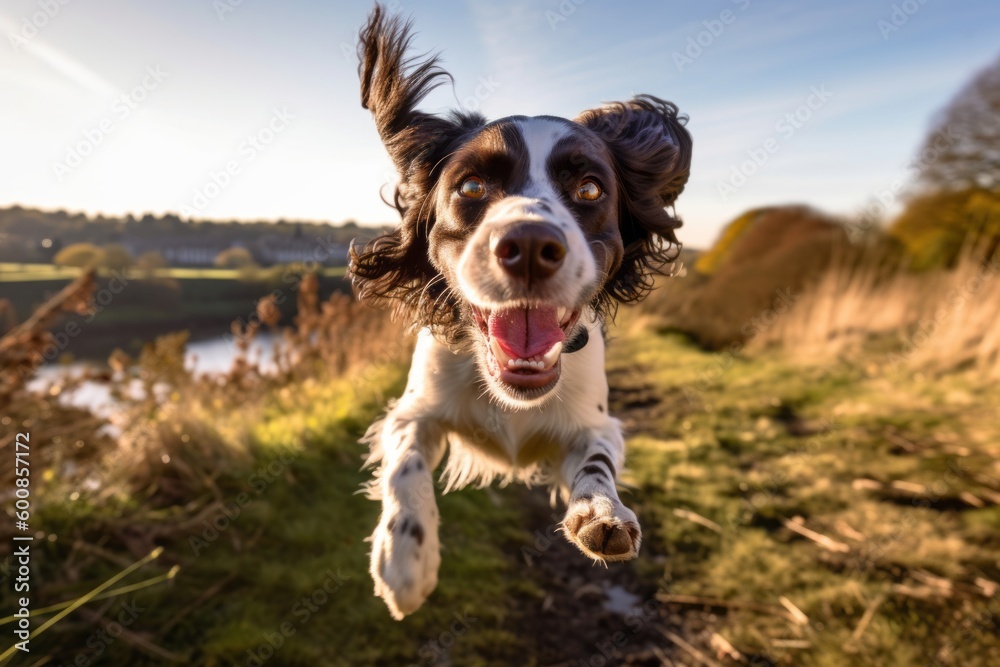Medium shot portrait photography of a happy english springer spaniel swinging against scenic viewpoints and overlooks background. With generative AI technology