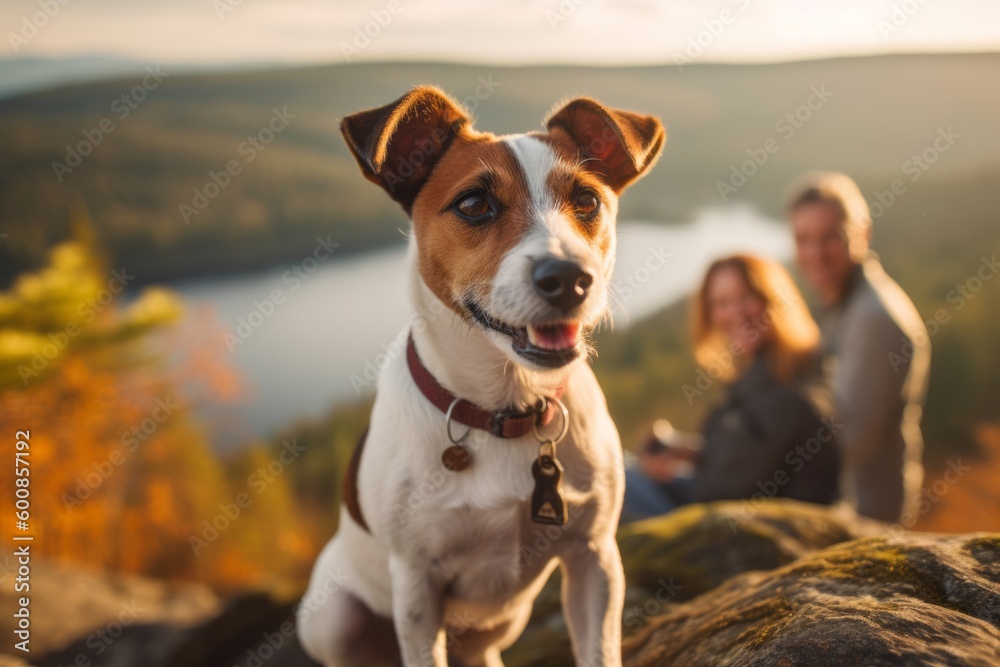Medium shot portrait photography of a curious jack russell terrier posing with a family against scenic viewpoints and overlooks background. With generative AI technology