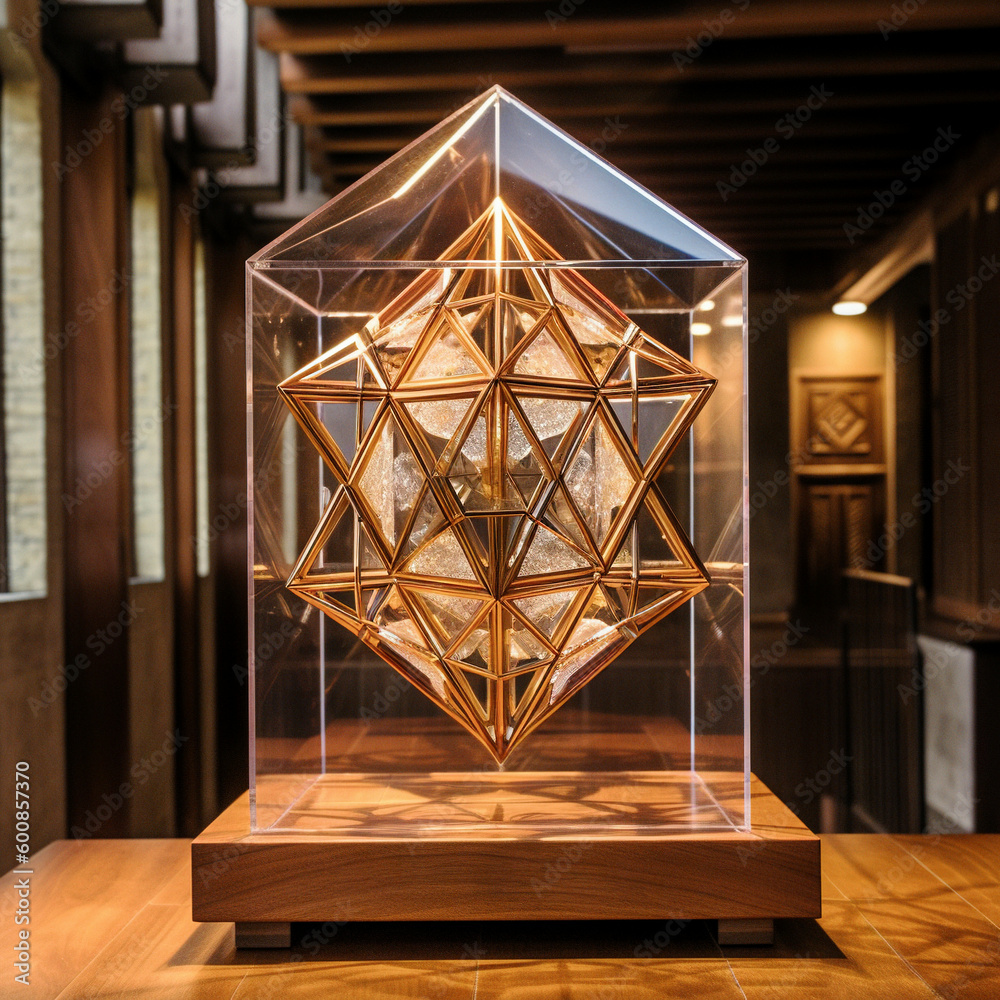 Glass and Wood Merkaba Sculpture in a Museum - generative AI Glass and Wood Merkaba Sculpture in a Museum - generative AI