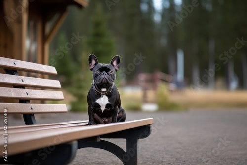 Full-length portrait photography of a curious french bulldog sitting on a bench against dog-friendly campgrounds background. With generative AI technology