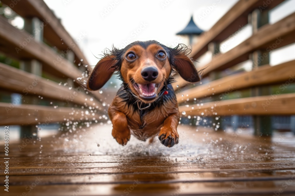 Lifestyle portrait photography of an aggressive dachshund running