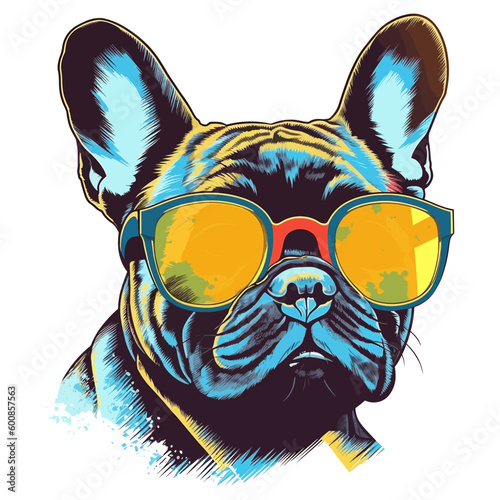 Illustration of cool french bulldog wearing sunglasses, t-shirt design, vector, cartoon style