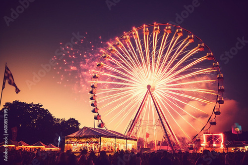 ferris wheel at night with fireworks made with generative ai