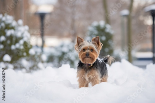 Full-length portrait photography of a happy yorkshire terrier playing in the snow against sculpture gardens background. With generative AI technology © Markus Schröder