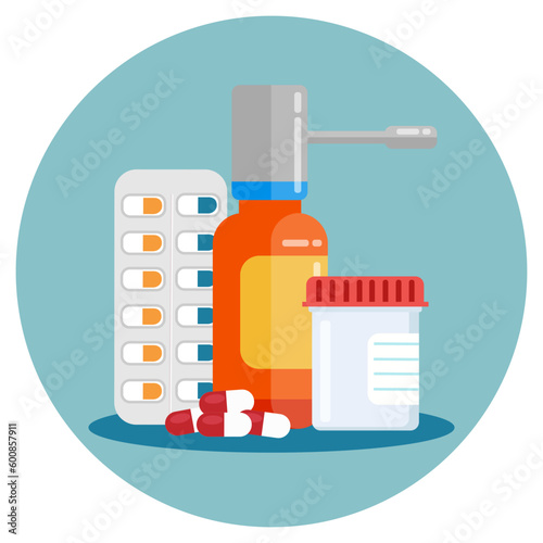 Flat design of spray bottle, pills and test tube for medicine and healthcare. Illustration for websites, landing pages, mobile applications, posters and banners. Trendy flat vector illustration