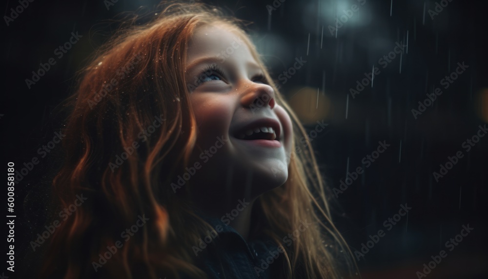 A pretty girl looking at the rainy sky with a smile expression on her face, hope and faith ai, ai generative, illustration