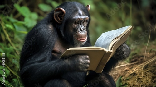Monkey reading a bookn a jungle. Generated ai. photo