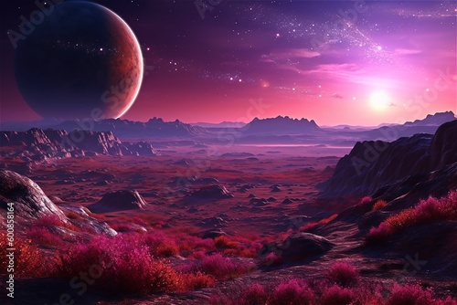 Beautiful landscape in pink and violet colors on other planet. Generated ai.