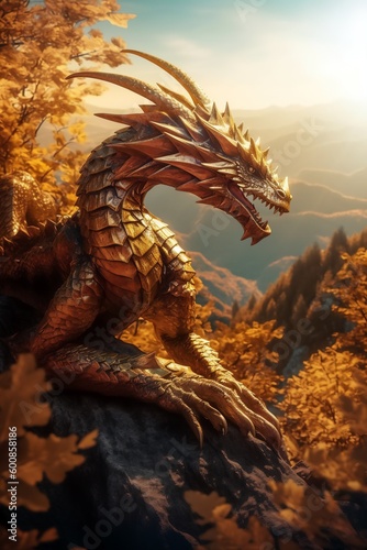 Vertical image of a medieval dragon on an autumn mountain. Generated ai.