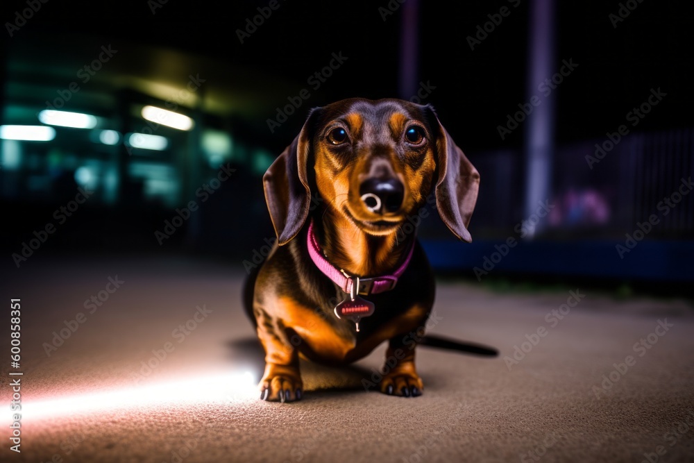 Group portrait photography of a happy dachshund playing with a laser pointer against skateparks background. With generative AI technology