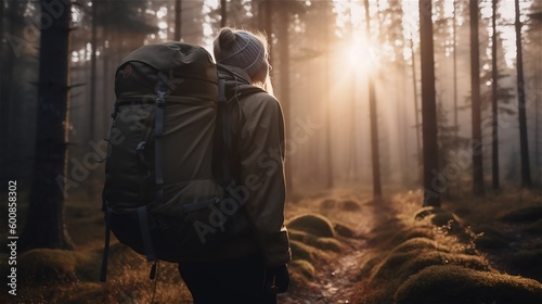 Traveler with a backpack in the forest on a foggy morning. Generated ai.
