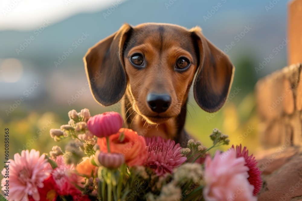 Medium shot portrait photography of a curious dachshund having a bouquet of flowers against zoos and wildlife sanctuaries background. With generative AI technology