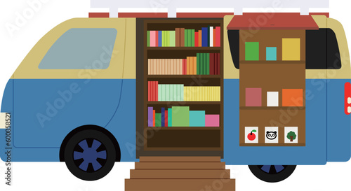 たくさんの本を並べた移動図書館のイラスト（主線なし）
