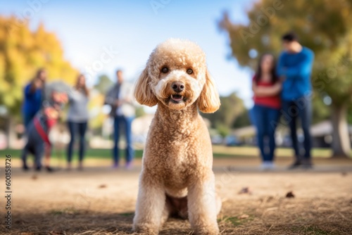 Lifestyle portrait photography of a curious poodle posing with a family against dog parks background. With generative AI technology