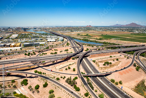 The Loop 101-202 interchange at the Mesa-Tempe border aerial view looking northwest