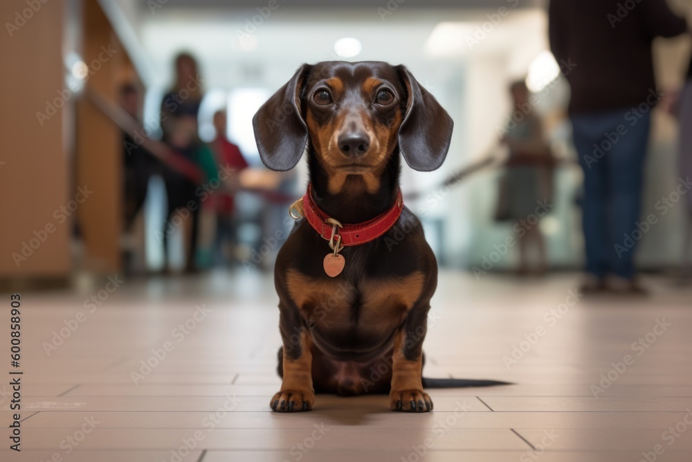 Medium shot portrait photography of a curious dachshund being at an art gallery against public plazas and squares background. With generative AI technology