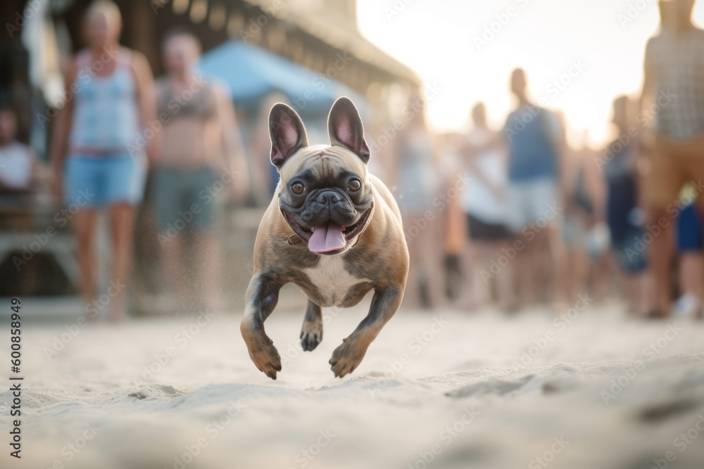 Environmental portrait photography of an aggressive french bulldog running on the beach against outdoor markets background. With generative AI technology