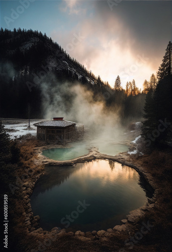 Hot springs surrounded by mountains and forests. AI Generated ©  iiulia