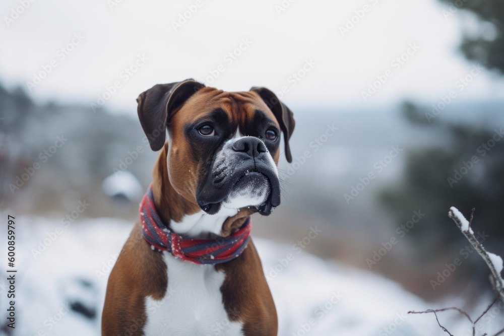 Medium shot portrait photography of a curious boxer wearing a ribbon against snowy winter landscapes background. With generative AI technology