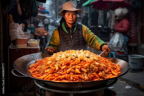 A street vendor in Seoul stirring a large wok filled with Tteokbokki. The rice cakes are sizzling in the spicy sauce with bits of fish cake and sliced vegetables mixed in, Generative AI street food