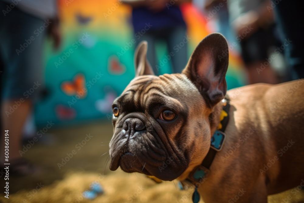Group portrait photography of an aggressive french bulldog having a butterfly on its nose against festivals and carnivals background. With generative AI technology