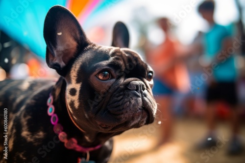 Group portrait photography of an aggressive french bulldog having a butterfly on its nose against festivals and carnivals background. With generative AI technology © Markus Schröder