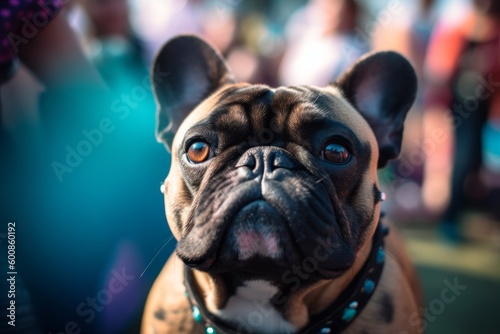 Group portrait photography of an aggressive french bulldog having a butterfly on its nose against festivals and carnivals background. With generative AI technology