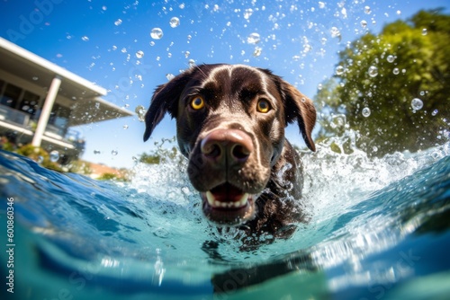 Medium shot portrait photography of a curious labrador retriever splashing in a pool against college and university campuses background. With generative AI technology