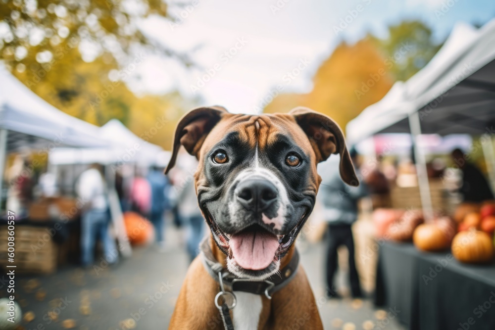 Medium shot portrait photography of a happy boxer being at a farmer's market against college and university campuses background. With generative AI technology
