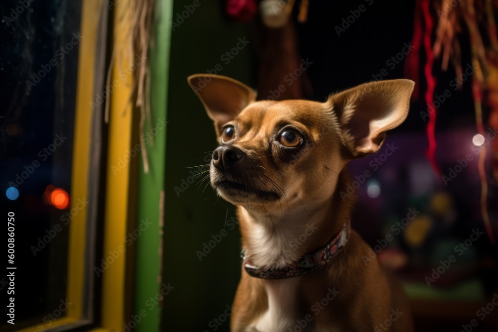 Environmental portrait photography of a scared chihuahua looking out a window against art installations background. With generative AI technology Environmental portrait photography of a scared chihuahua looking out a window against art installations background. With generative AI technology