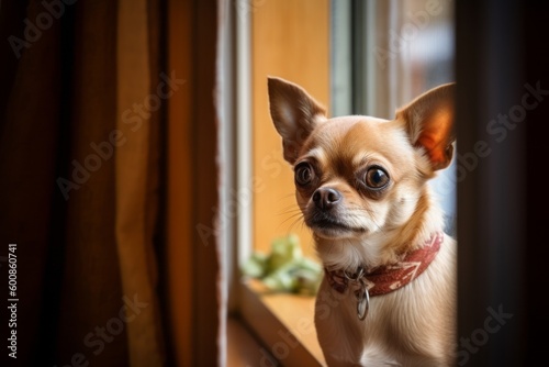 Environmental portrait photography of a scared chihuahua looking out a window against art installations background. With generative AI technology © Markus Schröder