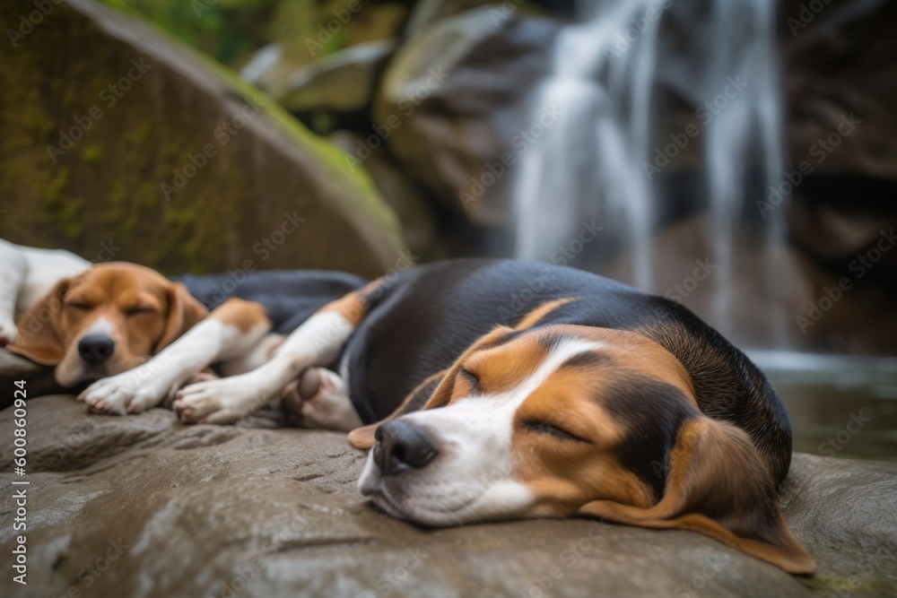 Group portrait photography of a happy beagle sleeping against waterfalls background. With generative AI technology