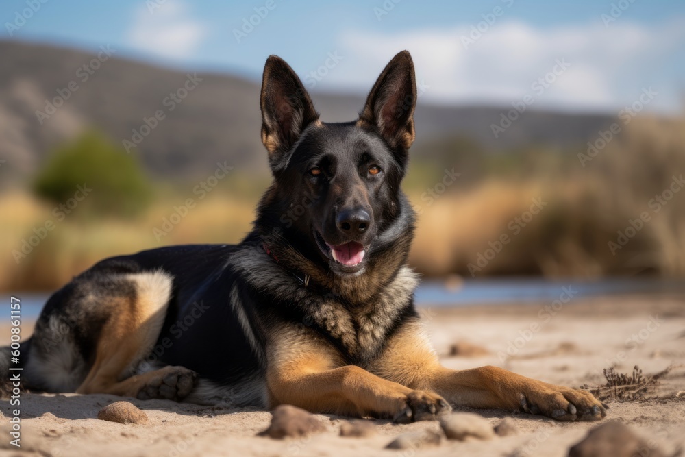 Full-length portrait photography of a happy german shepherd lying down against wildlife refuges background. With generative AI technology Full-length portrait photography of a happy german shepherd lying down against wildlife refuges background. With generative AI technology