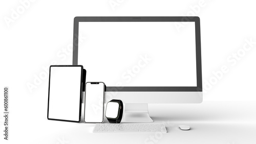 Blank screen - mockup of Computer, tablet, smartphone, smartwatch keyboard and mouse transparent background high quality details -3D rendering