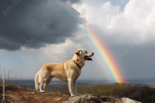 Cute pet dog goes to rainbow. Metaphor for pet's departure to afterlife. Generative AI illustration