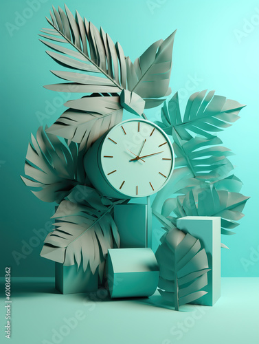 Palm tree and blue alarm clock. Summer composition with 3D clock with palm leaves in pastel blue color. Alarm-clock minimalism design. 3D realistic illustration. Generative AI