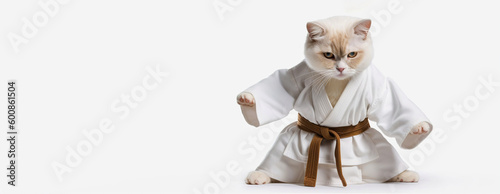 Cat in a white kimono on a white background. Banner, copy space. AI generation